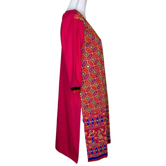 Indian Pink Cotton Multicolor Embroidered Dancers Geometric Sequins Tunic Top - Picture 4 of 9